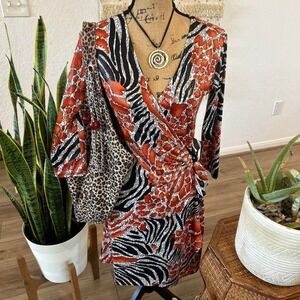 90s animal print wrap dress with zebra, leopard and giraffe pattern V-neckline